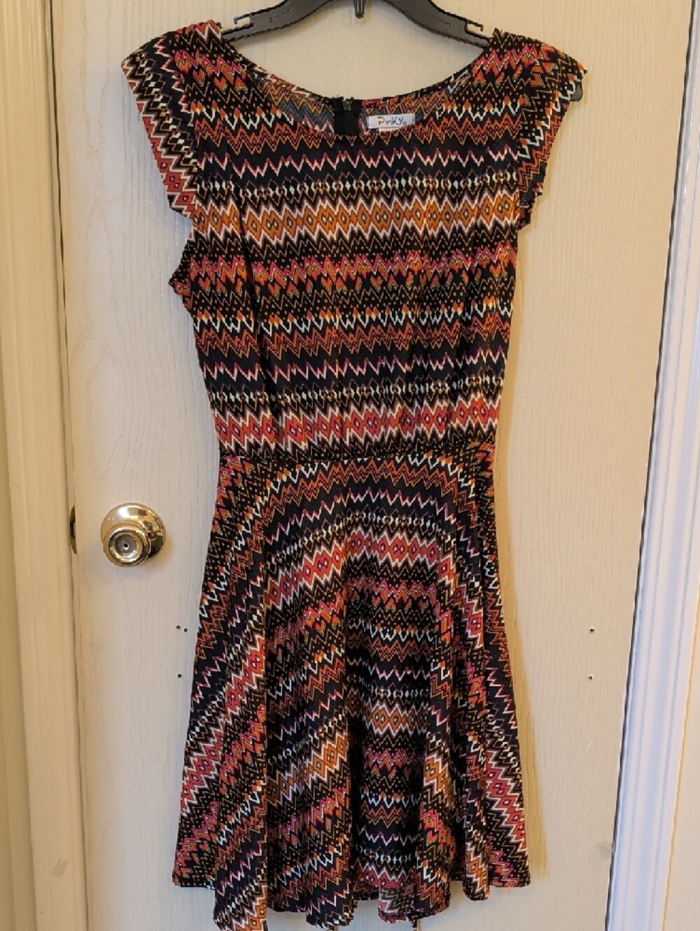 Pinky Midi Dress L Multicolor Chevron Zigzag Sleeveless Boho